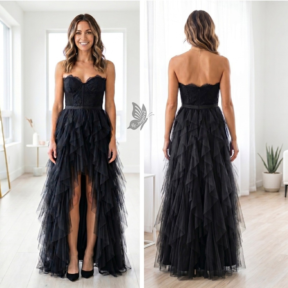 For Love Lemons Womens S Black Tulle Hi Lo Gown Lace Bodice AS IS Read